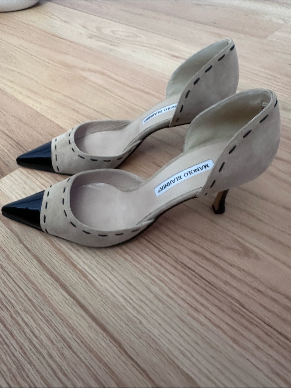 Manolo Blahnik Beige Suede D'Orsay Pumps with Black Patent Pointed Toe